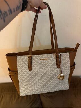 Michael Kors Vanilla and Brown Logo Tote with Gold Hardware